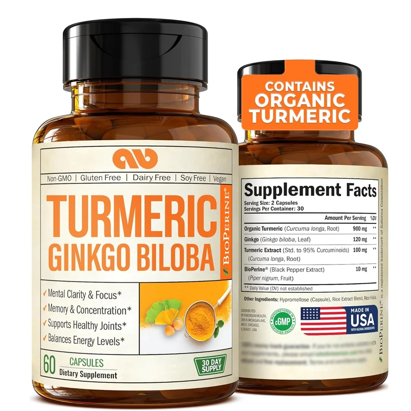 Turmeric Curcumin Capsule - Bio-Kurkuma-Curcumin-Ergänzungsmittel mit Ginkgo-Biloba-Blatt und Piperin, schwarzer